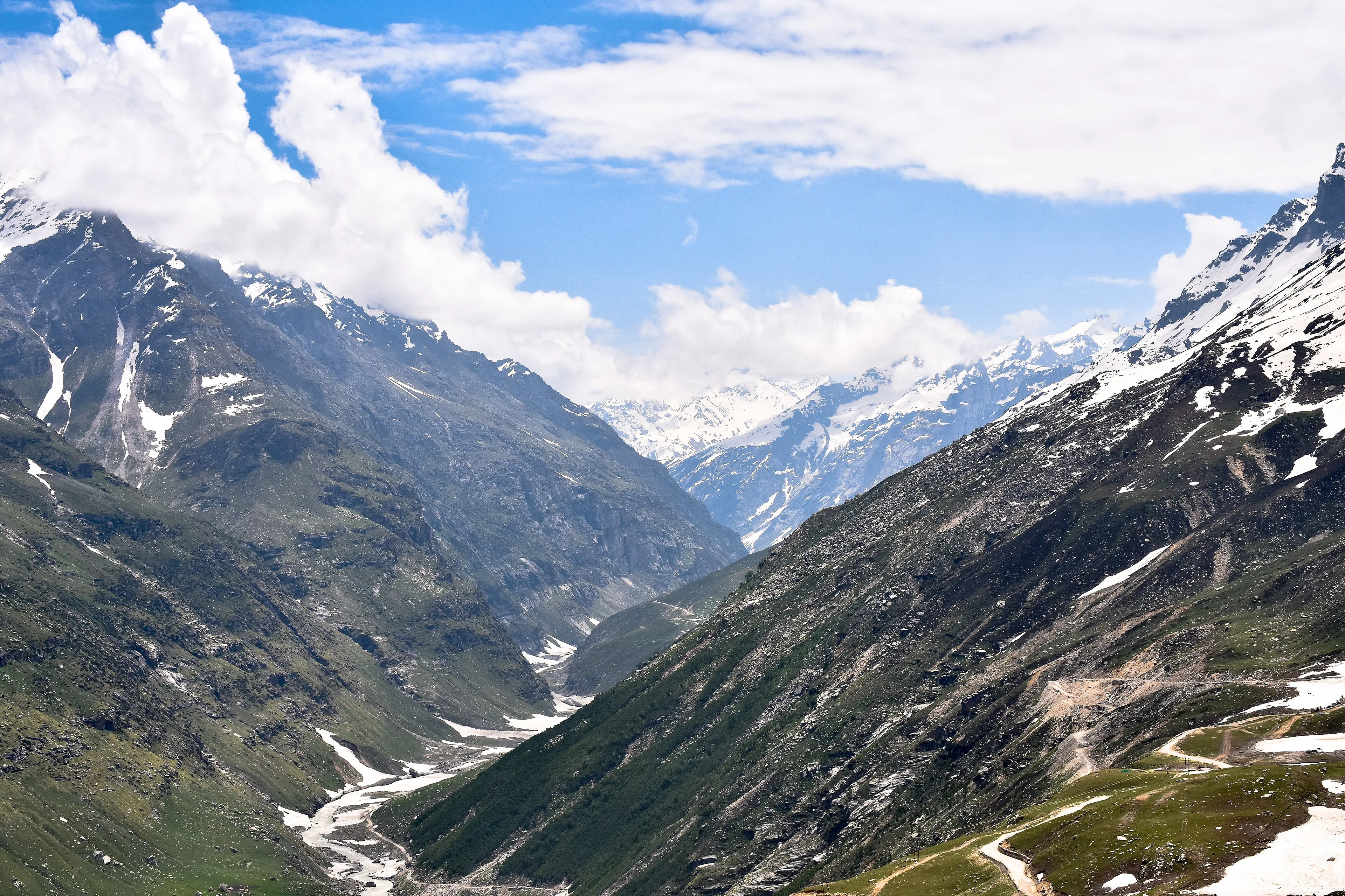 Snow trail winding towards Rohtang Pass, Himachal Pradesh